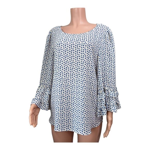 Max Studio Women SZ XL Blue Polka Dot Top Blouse Ruffle Bell 3/4 Sleeve Pullover - Picture 12 of 16